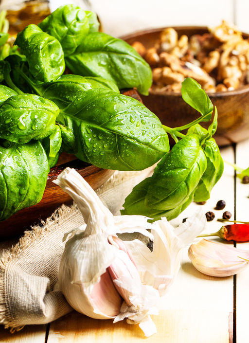 Fresh basil, garlic and walnuts