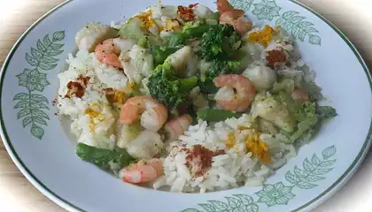 Shrimp and Fish with Green Vegetables in Orange Sauce