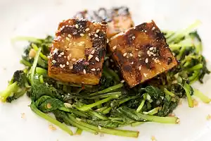 Stir-fry Tatsoi, Crusty Tofu with Asian Sweet-Sour Sauce