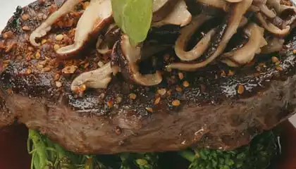 Ribeye Steak with Broccolini, Shitake Mushrooms and Wattleseed Jus