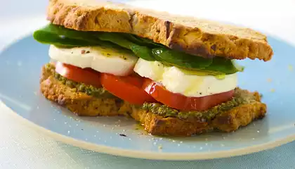 Basil Pesto, Fresh Mozzarella, Tomato and Spinach Sandwich 