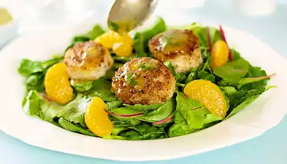 Coriander Spiced Scallops with Orange Ginger Dressing and Greens