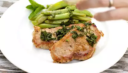 Pork Chops and Sugar Snap Peas with Mint Julep Glaze